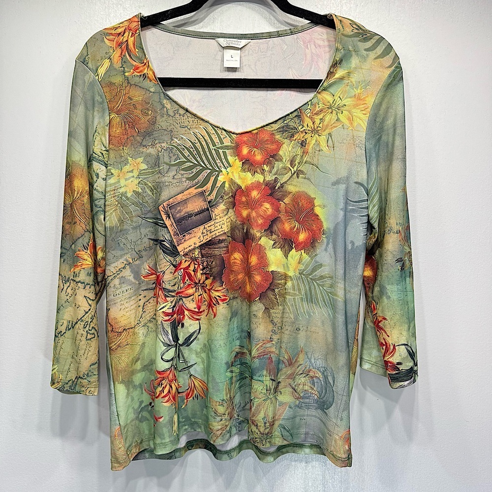Christopher & Banks Tropical Floral Postcard All Over Print 3/4 Sleeve Top